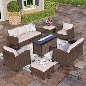 Brown 7-Piece Rattan Wicker Steel Outdoor Patio Conversation Set with Beige Cushions, Rectangle Fire Pit Table, Ottomans