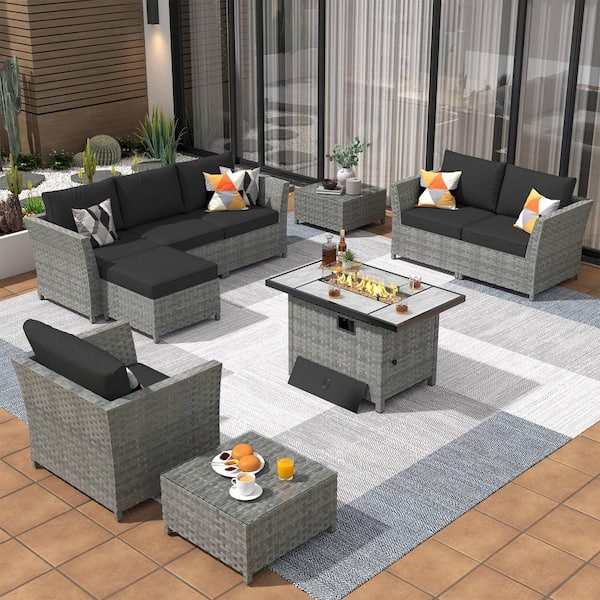 XIZZI Yosemite Gray 10-Piece Wicker Outerdoor Patio Rectangular Fire Pit Set with Black Cushions