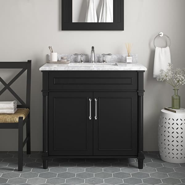 Aberdeen 36 in. Single Sink Black Bath Vanity with Carrara Marble Top (Assembled)
