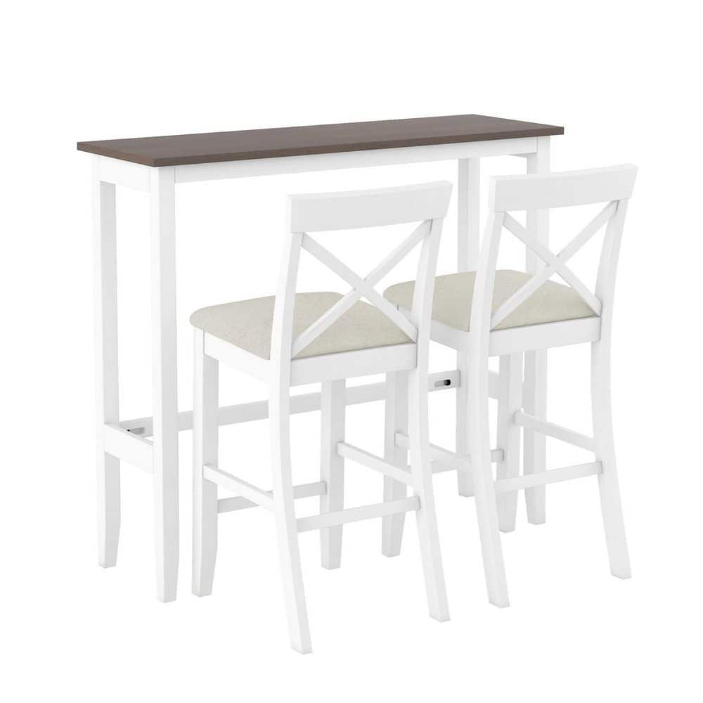 FORCLOVER Farmhouse 3-Piece White Cherry Wood Top Bar Table Set ...