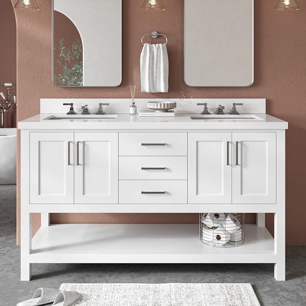 ARIEL Magnolia 61 in. W x 22 in. D x 36 in. H Bath Vanity in White with Pure Quartz Vanity Top in White with White Basins