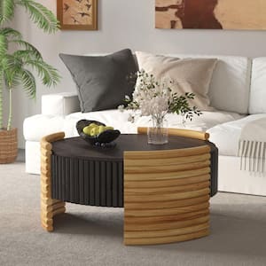31.50 in. Black Brown Round MDF End Table Flip Top Storage Coffee Table Modern Striped Fluted Living Room Table