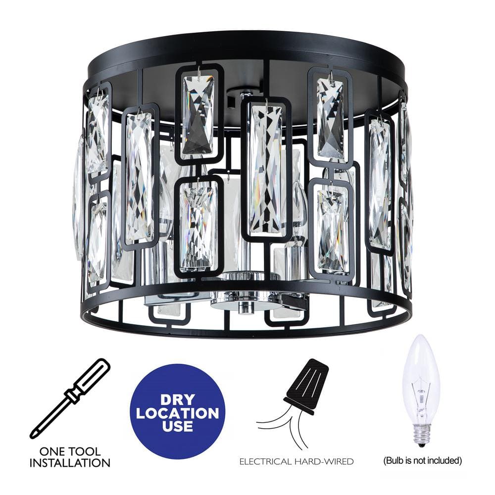 Matte Black Drum Flush Mount with Clear Crystals