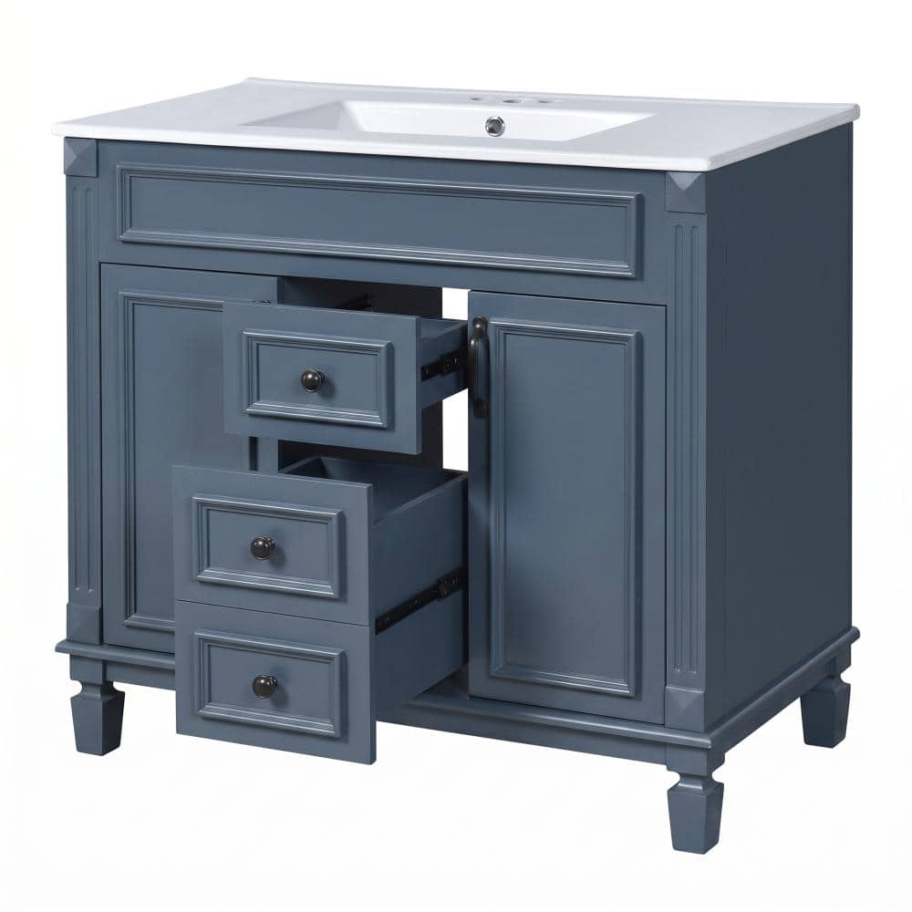 36 in. Freestanding Solid Wood Bathroom Vanity in Blue with Glossy White Ceramic Top price history on PriceWatchPro