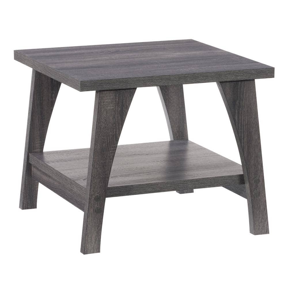 Dark Gray Square Wood Side Table with Lower Shelf