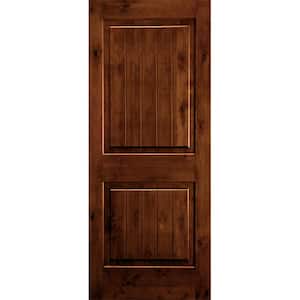 42 in. x 80 in. Rustic Knotty Alder Square Top V-Grooved Red Chestnut Stain Left-Hand Wood Single Prehung Front Door
