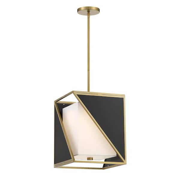 Metropolitan Aspect 100-Watt Equivalence Integrated LED Soft Brass and Black Panel Pendant with White Linen Shade