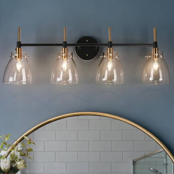Zevni 30 in. 4-Light Brass Gold Vanity Light for Bathroom, Modern Black Wall Sconce Lighting with Bell Clear Glass Shades