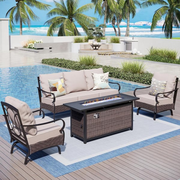 PHI VILLA Metal Frame Dark Brown Rattan 4-Piece Steel Outdoor Fire Pit Patio Set with Beige Cushions, Rectangular Fire Pit Table
