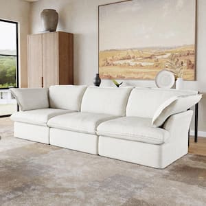 123 in. Contemporary Down Filled Comfort Overstuffed Linen Flannel Modular Rervisiable Sectional 3-Seater, White