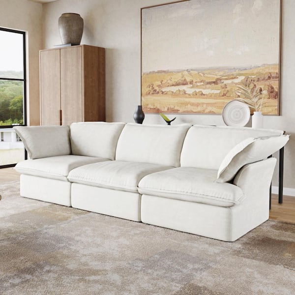 Magic Home 123 in. Contemporary Down Filled Comfort Overstuffed Linen Flannel Modular Rervisiable Sectional 3-Seater, White