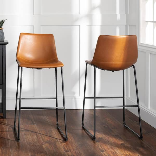Walker Edison Furniture Company 29-3/8 in. Whiskey Brown Faux Leather Bar Stools (Set of 2)