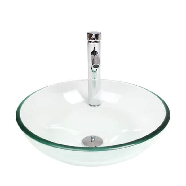 Puluomis 16.5 in . Vessel Bathroom Sink in Clear Glass Round with Faucet Pop Up Drain Set