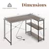 Dimension diagram of the gray wood L-shaped computer desk.