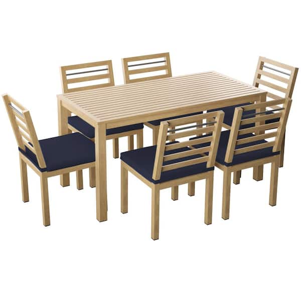 TK CLASSICS 7-Piece Aluminum Rectangular Outdoor Dining Set with Navy Cushions