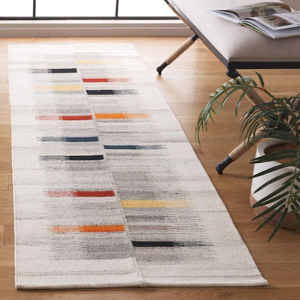 Kilim 2 ft. x 8 ft. Ivory/Gray Linear Abstract Runner Rug
