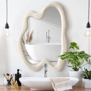 24 in. W x 32 in. H Irregular Beige Flannel Wrapped Wood Framed Wall Mirror Asymmetrical Decorative Mirror