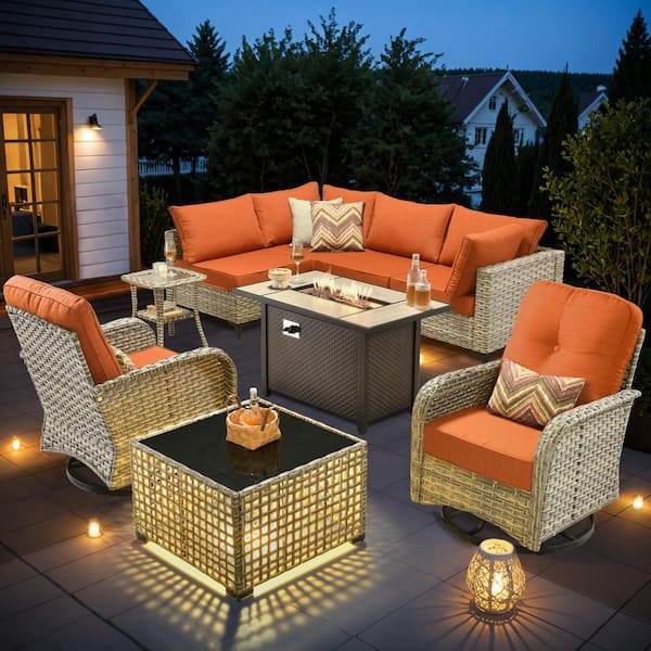 OVIOS Supery Gray 9-Piece Wicker Patio Rectangle Fire Pit Conversation Set with Bold-stripe Orange Cushions and Swivel Chairs