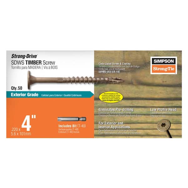 Simpson Strong-Tie 0.220 in. x 4 in. T40 6-Lobe, Washer Head, Strong-Drive SDWS Timber Screw, Exterior Grade (50-Pack)
