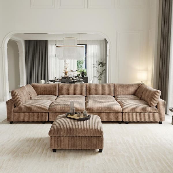 Modern Cloud Couch 157 in. Square Arm Faux Rabbit Fur Velvet Modular Sofa with Ottoman, Washable Covers in. Brown
