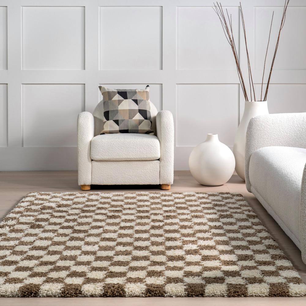 Beige and Brown Checkered Shag Synthetic Area Rug 6' x 9'