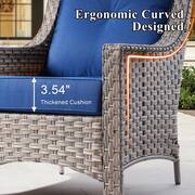 Tulip B Gray 7-Piece Wicker Patio Storage Fire Pit Conversation Set with Swivel Rocking Chairs and Navy Blue Cushions