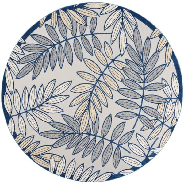 Nourison Aloha Ivory/Navy 8 ft. x 8 ft. Round Floral Contemporary Indoor/Outdoor Patio Area Rug