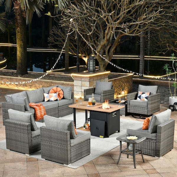 Toject Sanibel Gray 11-Piece Wicker Outdoor Patio Conversation Sofa Set with a Storage Fire Pit and Dark Gray Cushions