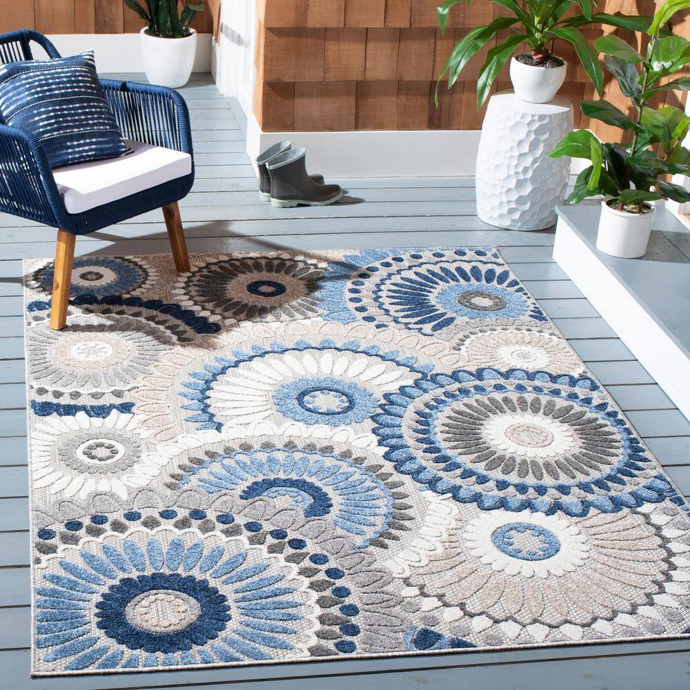 Grey and Blue Floral Synthetic Rectangular Area Rug, 4'5" x 6'5"