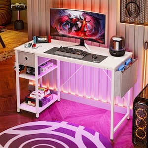 47 in. Rectangular Reversible White Carbon Fiber LED Computer Desk with Storage Drawer, Adjustable Shelf and Side Bag