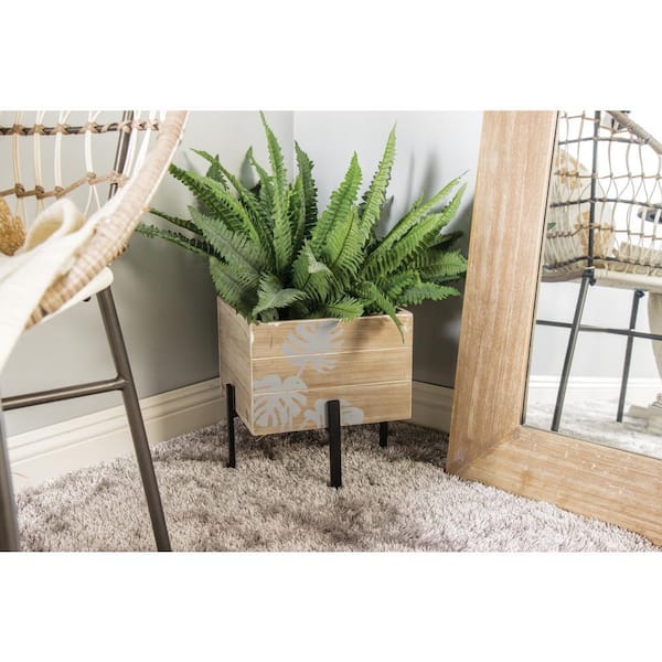 Litton Lane Rustic 13 in., 18 in. and 22 in. Wood and Iron Cube Planters with Stands (Set of 3)
