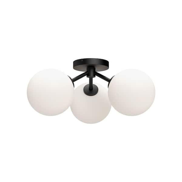 Cassia 17 in. 3 Light 40-Watt Matte Black/Opal Matte Glass Semi-Flush Mount
