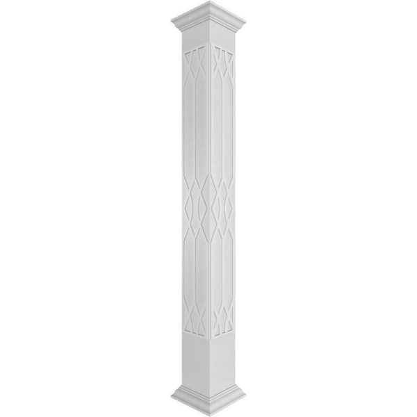 Ekena Millwork 9-5/8 in. x 8 ft. Premium Square Non-Tapered Riviera Fretwork PVC Column Wrap Kit with Crown Capital and Base