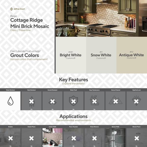 Jeffrey Court Cottage Ridge Mini Brick Beige 11.75 in. x 12 in. x 8 mm Interlocking Glass/Stone Mosaic Tile
