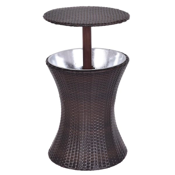 HONEY JOY Adjustable Wicker Outdoor Bar Ice Cooler Table Bucket for Party Deck Pool Patio