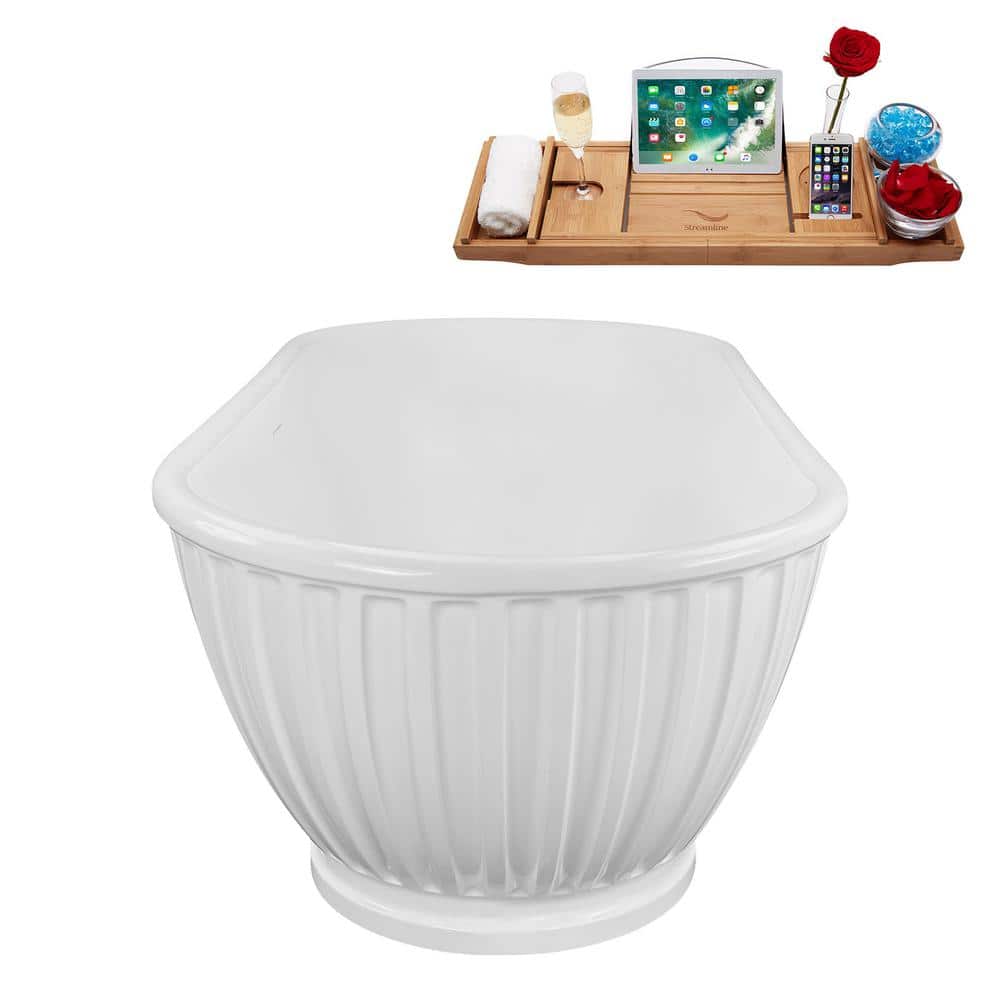 67" Glossy White Acrylic Freestanding Soaking Bathtub with Bamboo Tray