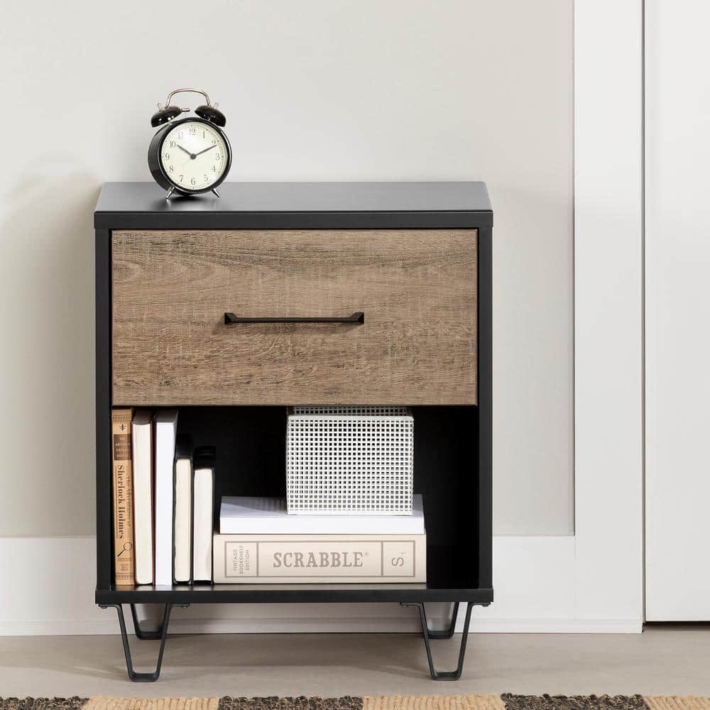 Arlen Weathered Oak and Matte Black 1-Drawer Nightstand