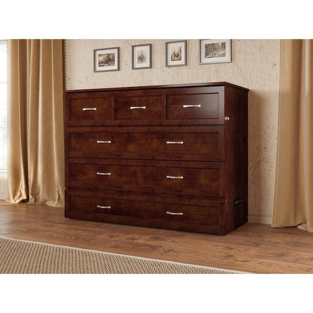Walnut Full Murphy Bed Chest with Storage Drawer