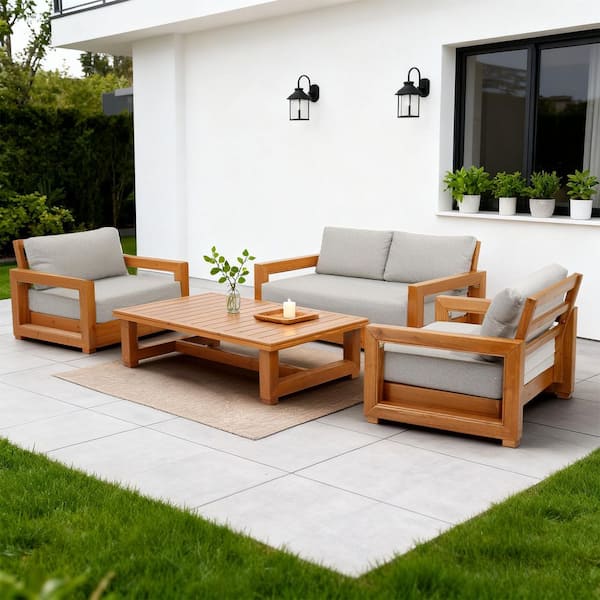 4-Piece Wood Patio Conversation Deep Seating Set with Grey Cushions