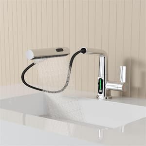 Single Handle Pull Out Lift Kitchen Faucet in Chrome with LED Temperature Digital Display, 360° Rotatable