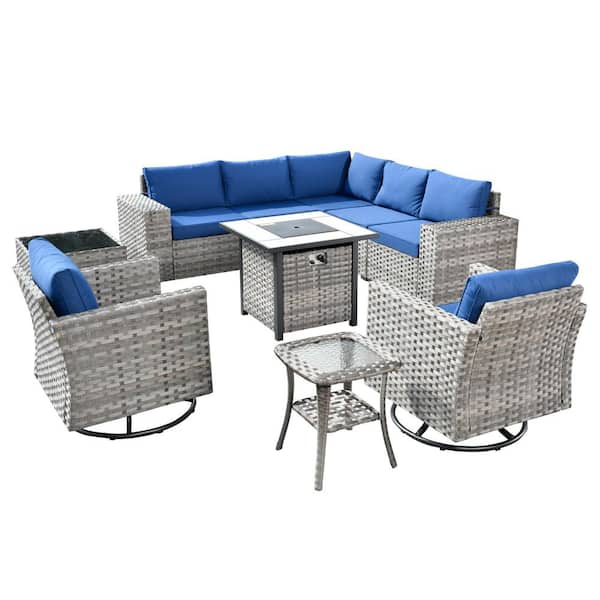 Crater Grey 10-Piece Wicker Patio Fire Pit Conversation Sofa Set with Swivel Rocking Chairs and Navy Blue Cushions