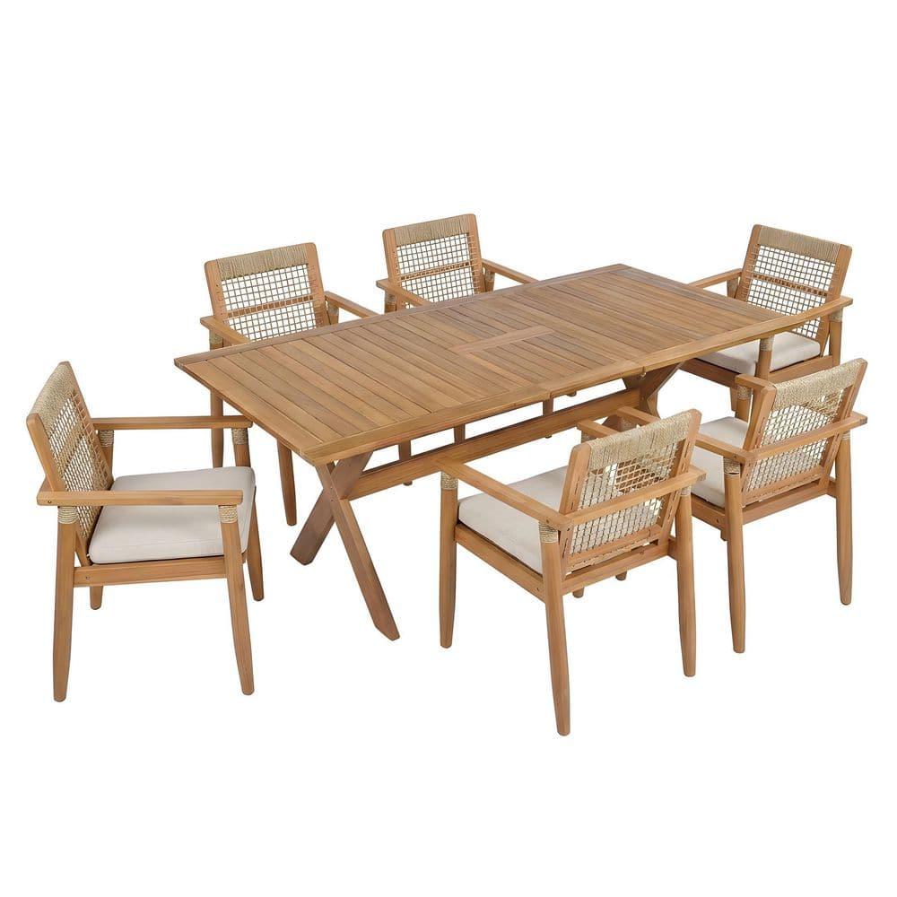 Meredith 7-Piece Rectangle Teak Solid Wood Top Outdoor Dining Table Set with Beige Cushion Seats 6 price history on PriceWatchPro