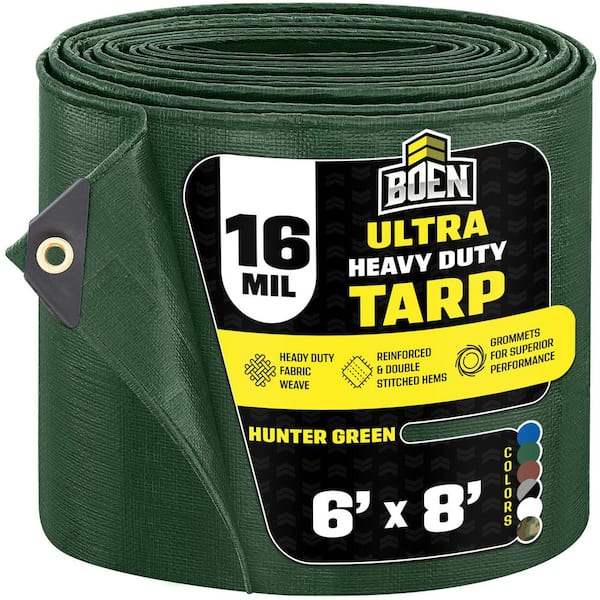 BOEN 6 ft. x 8 ft. Green Ultra Heavy-Duty 16 Mil Thick Hunter Tarp Cover, Waterproof, Tear Proof and UV Resistant