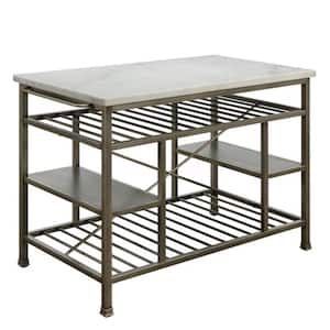 36 in. H Gray and White Marble Top Metal Kitchen Island with 2-Slated Shelves