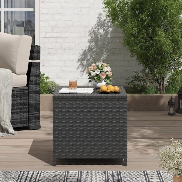 Alexandia Outdoor Wicker Side Table Patio Coffee Table with Storage (Black, Set of 1)
