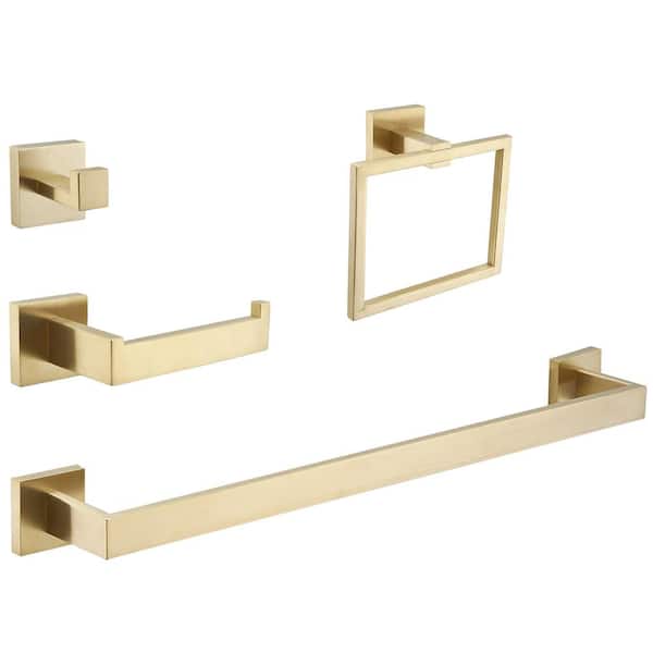 BWE 4-Piece Bath Hardware Set with Towel Bar for Bathroom Wall Towel Hook Toilet Paper Holder and Towel Ring in Brushed Gold