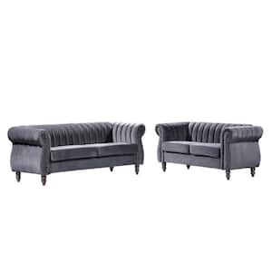 Louis Grey Velvet Nailhead Living Room Set Sofa and Loveseat