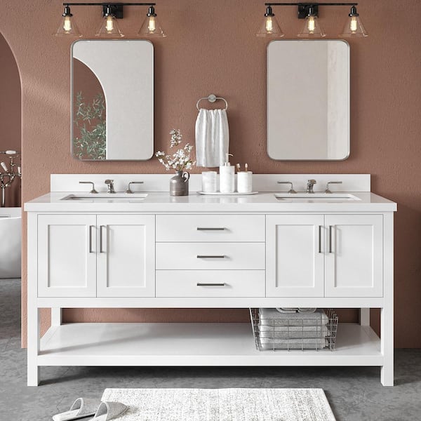 ARIEL Magnolia 73 in. W x 22 in. D x 36 in. H Bath Vanity in White with White Pure Quartz Vanity Top with White Basins