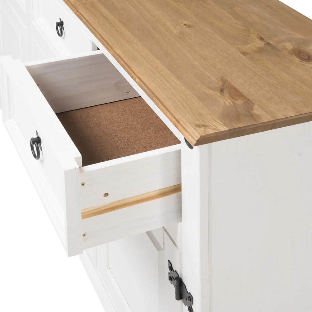 Distressed White Pine Wood Cottage Sideboard with Antique Brown Top