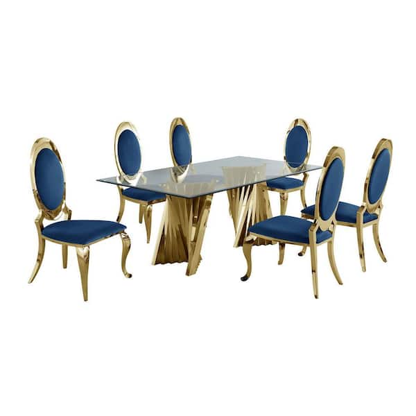 Becky 7-Piece Rectangular Clear Glass Top with Gold Stainless Steel Base Table Set with 6-Navy Blue Velvet Chairs